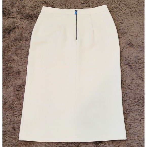 TOPSHOP Snap & Zip Midi Sz 6 Cream Moto Skirt Work Career Luxury Designer Slit - Picture 9 of 10